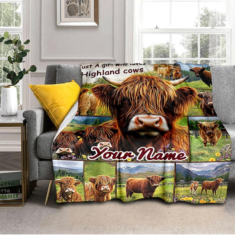 1PC Custom Name Love Highland Cows Flannel blankets Patterns Throw Blanket All-Season Soft Gift for Couch, Bed, Camping gifts