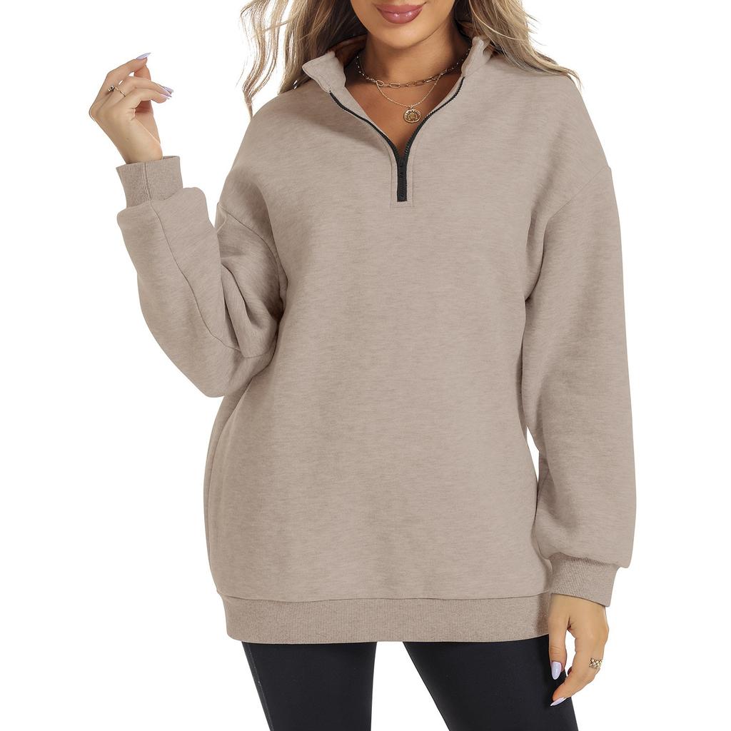 Women's Half Zipper Long Sleeve Sweater Pullover Solid Color Loose Casual Sports Sweater