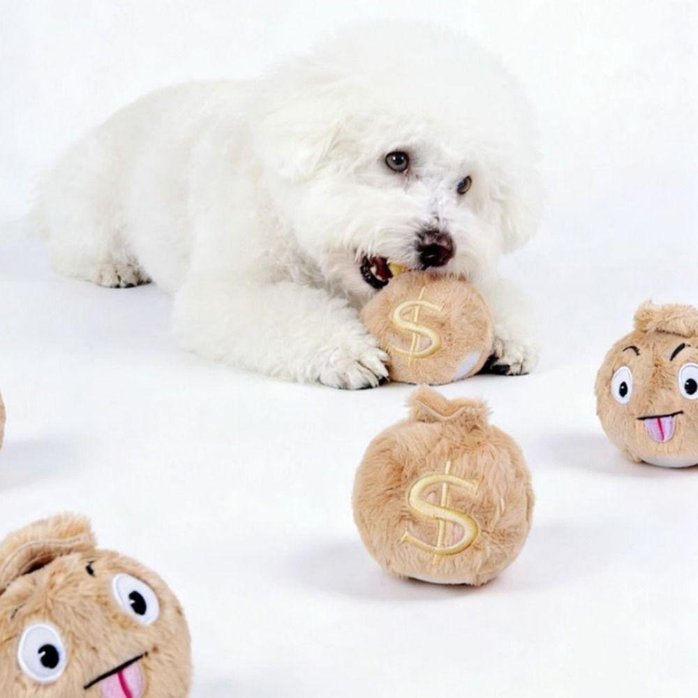 Fluffy Pet Plush Squeak Ball Money Bag Shape Bite Resistant Dog Elastic Ball Cartoon Pattern Pet Interactive Ball Pet Supplies