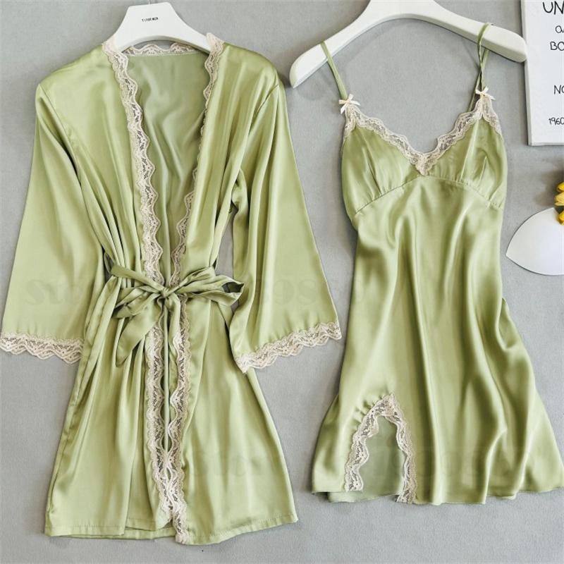 Sexy Lace Bathrobe Gown Nightdress Lingerie Summer New Female Nighty&Robe Set Nightgown Silky Satin Home Clothes Loungewear