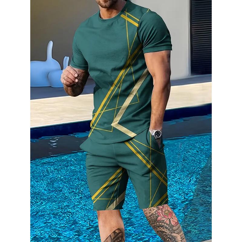 Men's Suit Casual Simple Pattern Printing T-shirt Hawaiian Casual Vacation T-shirt Two Piece Quick Drying Short Sleeved Men Set