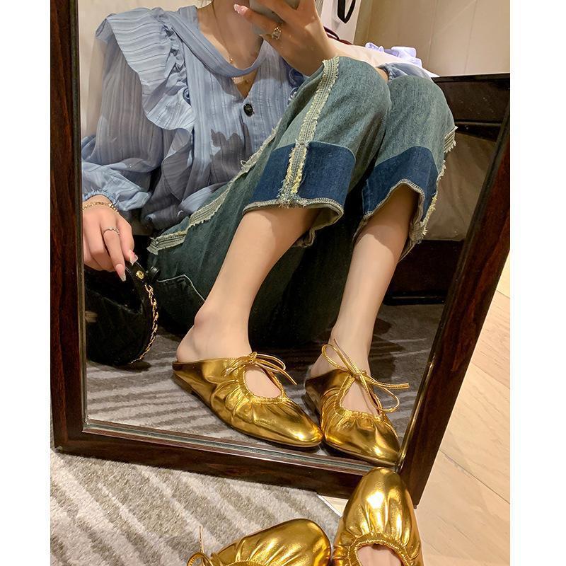Весна 2025 новая французская плиссированная сумка на шнуровке, полубосоножки, женские серебристые туфли Мэри Джейн на плоской подошве, повседневная женская обувь