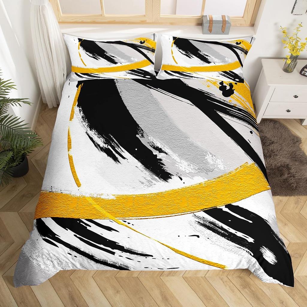 Yellow And Grey Themed Duvet Cover Sets Queen Lightweight Down Quilt Covers Bedroom Decor Abstract Art Bedspread Covers No Quilt