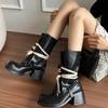 Осень 2025 новые ретро красотки ботинки-пайпы женские толстый каблук тонкие модные ботинки круглая голова увеличение высоты универсальные ботинки Мартин