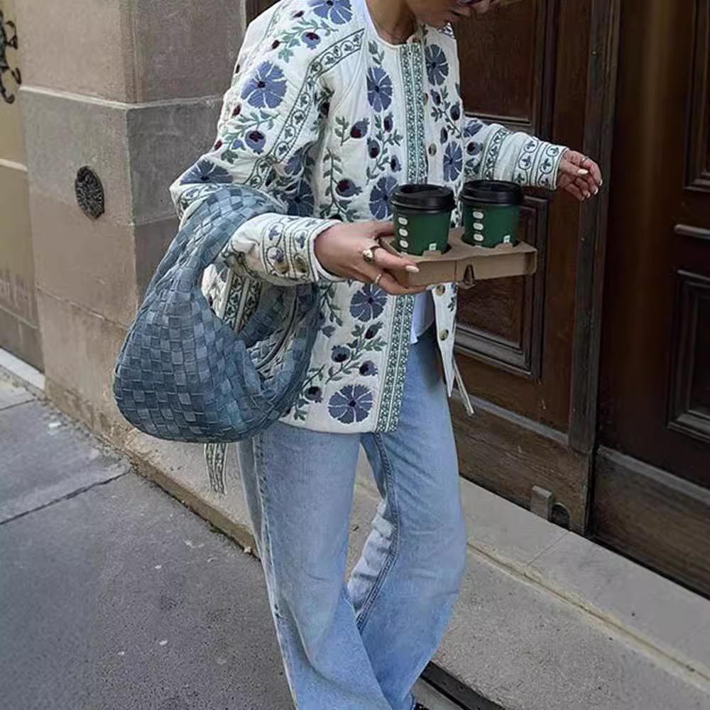 Женская хлопковая куртка с принтом и поясом, европейская и американская, Осень/Зима 2024