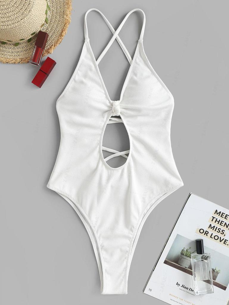 ZAFUL Knotted Ribbed Criss Cross Lace Up Cheeky One-piece Swimsuit