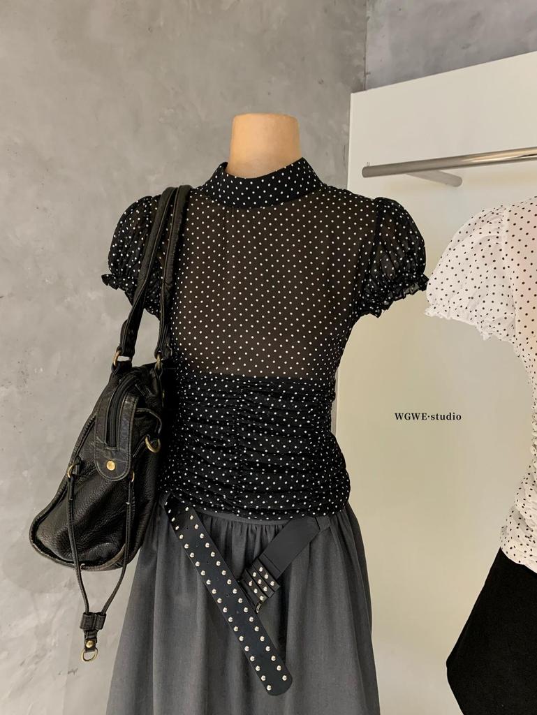 Polka Dot Short-Sleeve Shirt with Pleated Waist - Women's Spring/Summer Trendy Top