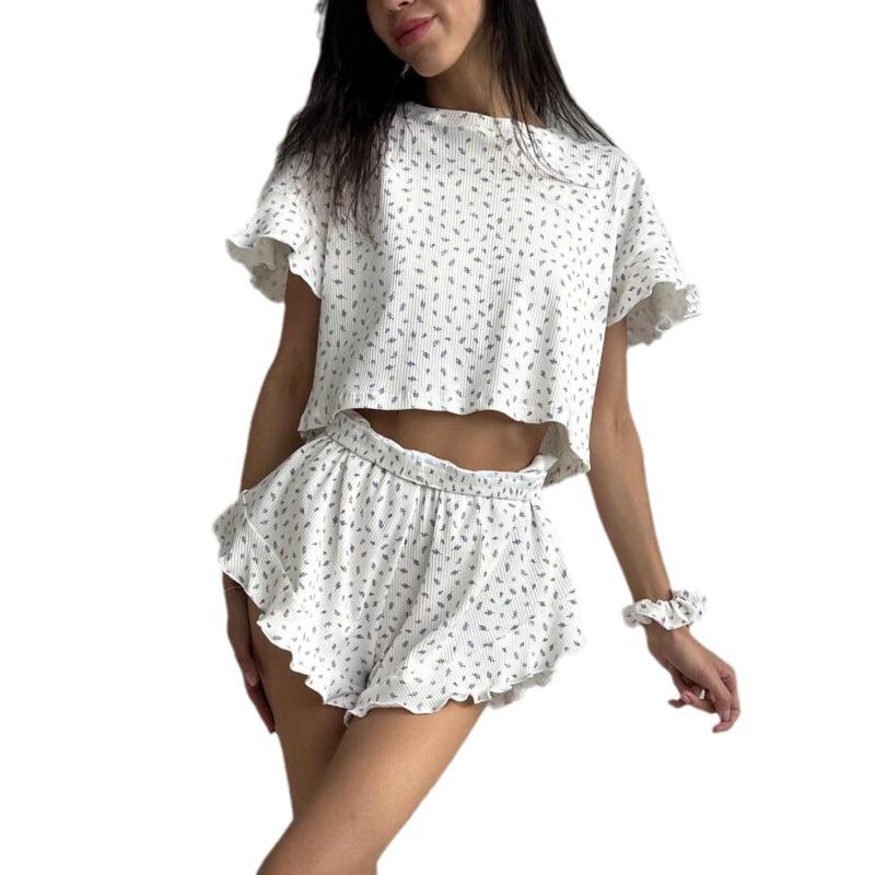 Summer Ladies Casual Printed Suit Lotus Leaf Short-sleeved Round Neck Shorts Pajamas Two-piece Suit