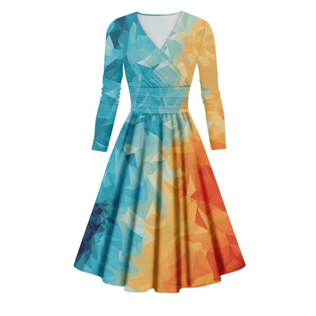 Женское повседневное и модное сексуальное платье с v-образным вырезом и длинными рукавами с градиентным принтом