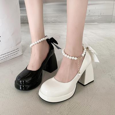 Японские однотонные туфли Мэри Джейн женские бант супер высокий каблук легкий каблук толстый каблук жемчужная пряжка водонепроницаемые туфли на платформе