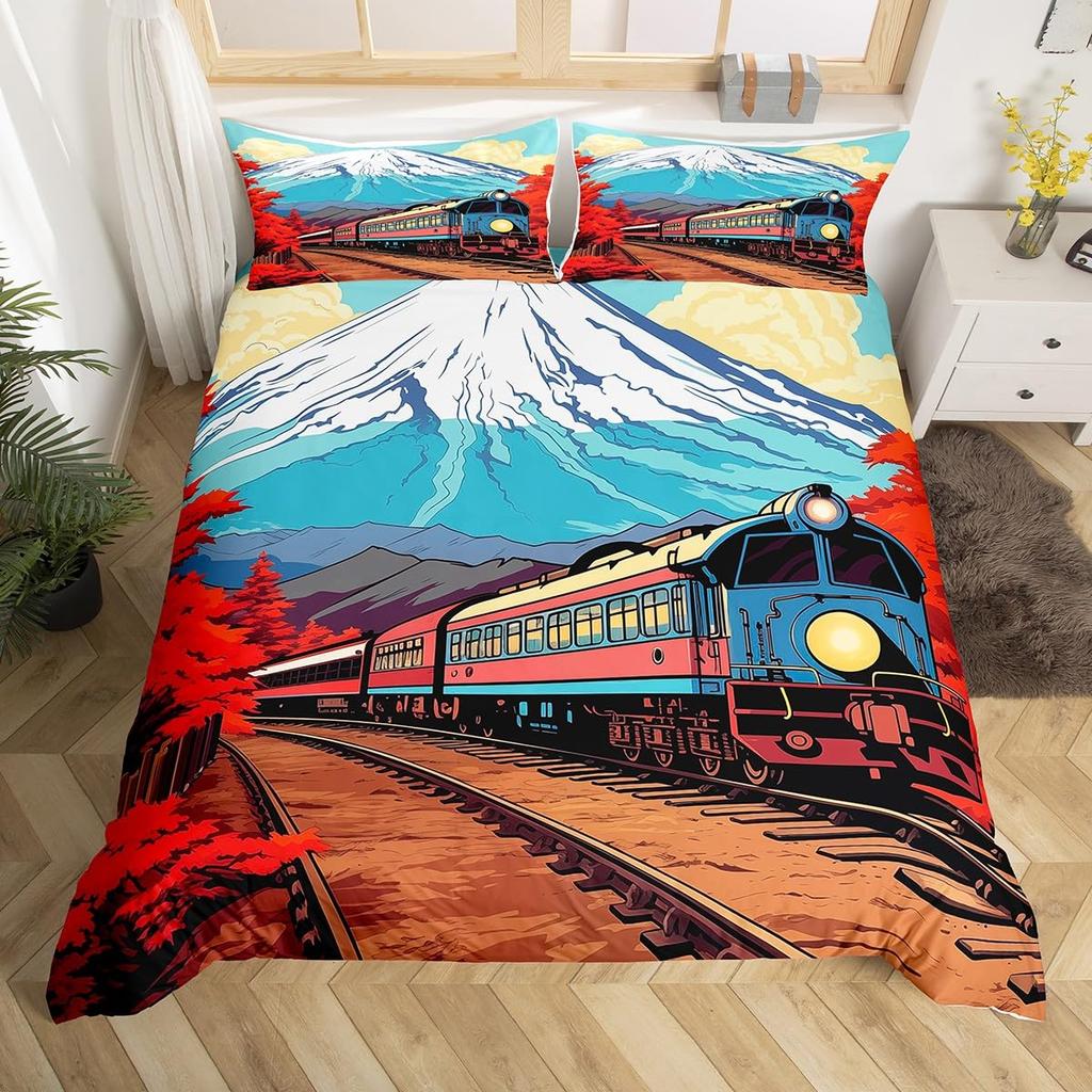 Mount Fuji Duvet Cover Twin Size Kids Cherry Blossoms Comforter Cover Set For Boys Girls Teens Natural Scenery Art Bedding Set