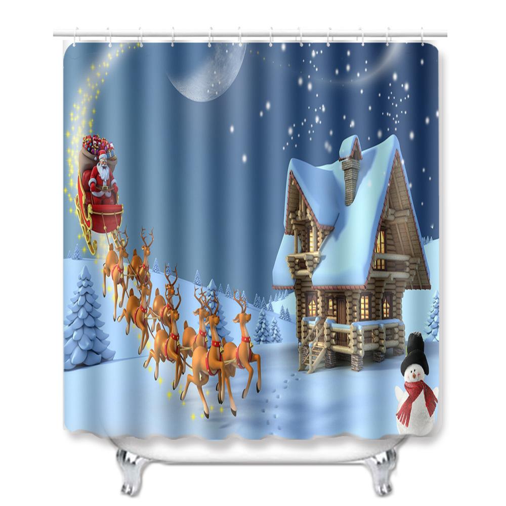 Christmas Shower Curtain Floor Mat Combination Four-Piece Set Bathroom Toilet Carpet Shower Room Mat Foot Mat