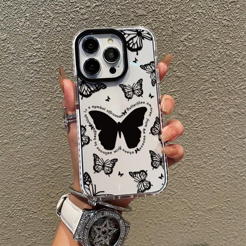 Black butterfly mobile phone case IP13 advanced sense Internet celebrity Apple 15 mobile phone case 14Pro black frame new 12PM