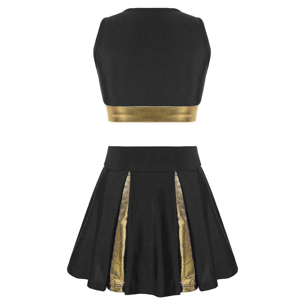 Kids Girls Stylish Cheerleading Dance Wear Sleeveless V Neck Crop Top with Skirt 2Pcs Clothes Set