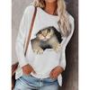 Trendy Autumn Winter New Fashion Round Neck Pullover Cat Print Long Sleeve Women's T-Shirt