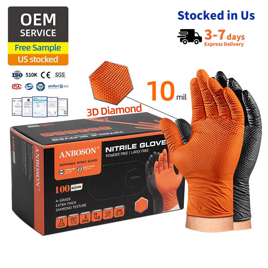 Anboson 10mil Orange Disposable Nitrile Gloves Diamond Texture Industrial Strength for Auto Repair and Heavy Duty Applications