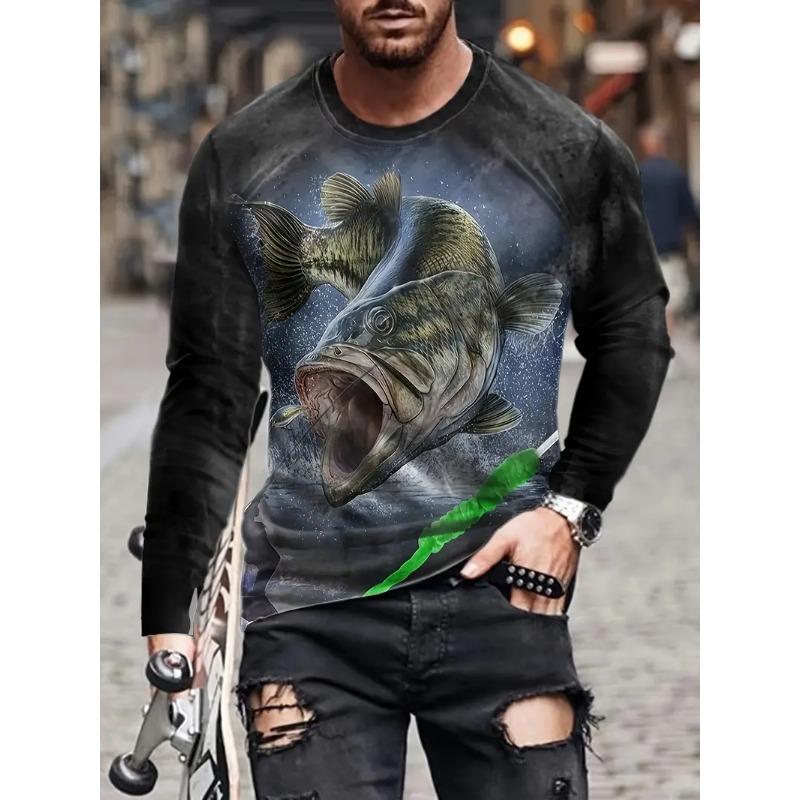 Мужские футболки с длинным рукавом для рыбалки на открытом воздухе, 3D-принт рыбы, футболка с круглым вырезом, летний повседневный свободный топ оверсайз, мужская одежда для рыбалки