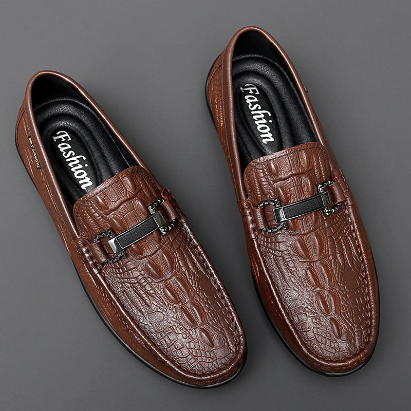 Мужские туфли из натуральной кожи с узором под крокодила, мужские туфли без застежек, весенние деловые повседневные мужские мокасины, дышащие мужские туфли для вождения