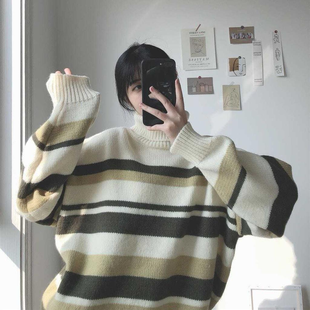 Autumn Winter High Collar Women's Sweater New Loose Pullover Sweaters Warm Stripe Vintage Sweater