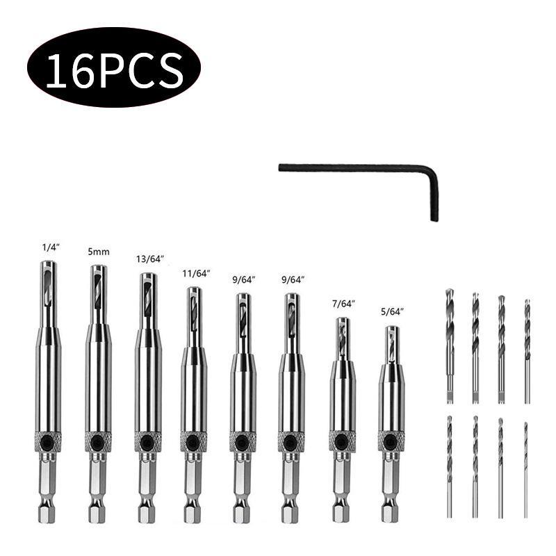 Self-centering Door and Window Hinge Hole Opener with Integrated Hexagonal Shank Drill Set.
