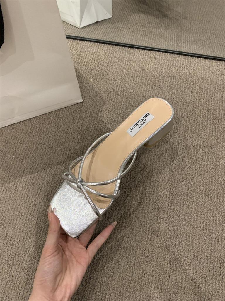 French Evening Breeze Sandals Outside Women's Shoes Spring and Summer 2024 New Silver Square Head with Skirt Thick Heel Sandals