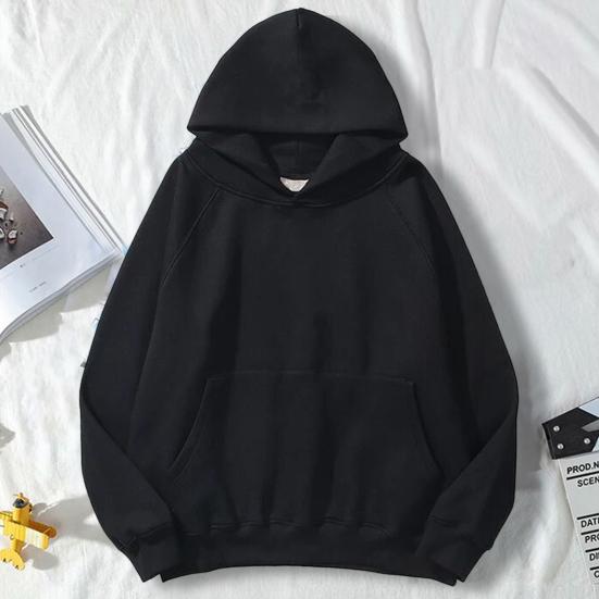 Men Hoodie with Solid Color Hood Large Front Pocket Pullover Sweatshirt Loose Fit Sports Tops Street Wear