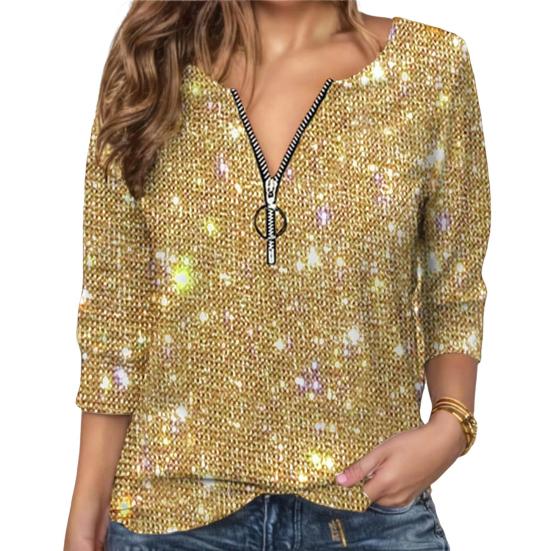 Женская рубашка с круглым вырезом на молнии с полузастежкой и длинным рукавом, пуловер, топы, сверкающие
