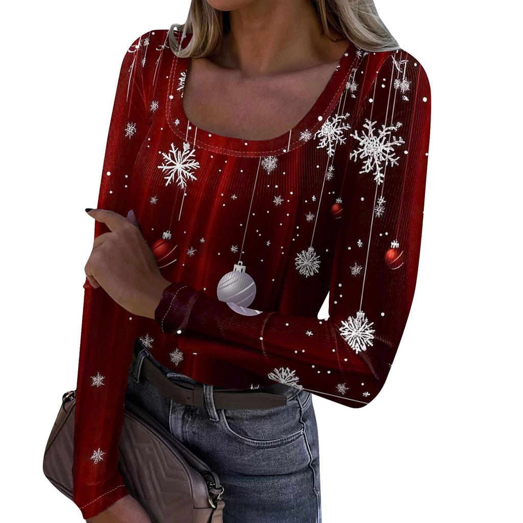 Женская модная футболка с тонким низом, рождественский принт, пуловер с U-образным вырезом и длинными рукавами