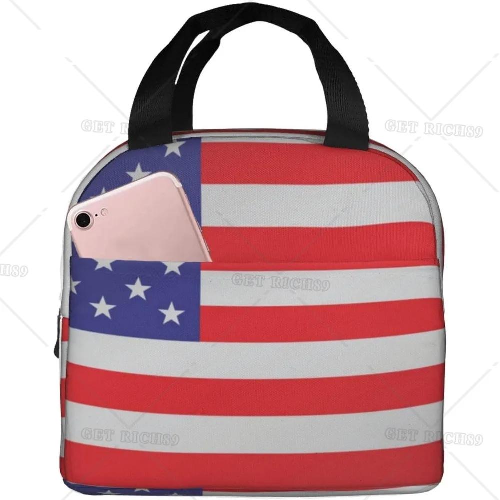 Сумка-тоут с американским флагом для обеда для женщин и мужчин, многоразовый изолированный контейнер для обеда-холодильника с карманом для работы в офисе