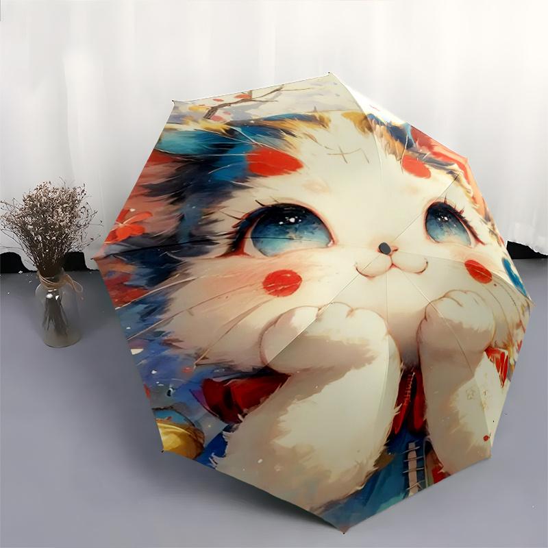 1pc Cute Little Cat Pattern Automatic 3-Fold Umbrella, 8 Steel Frames, High-Value Folding Umbrella, Suitable for Office, Travel and Outdoor Adven
