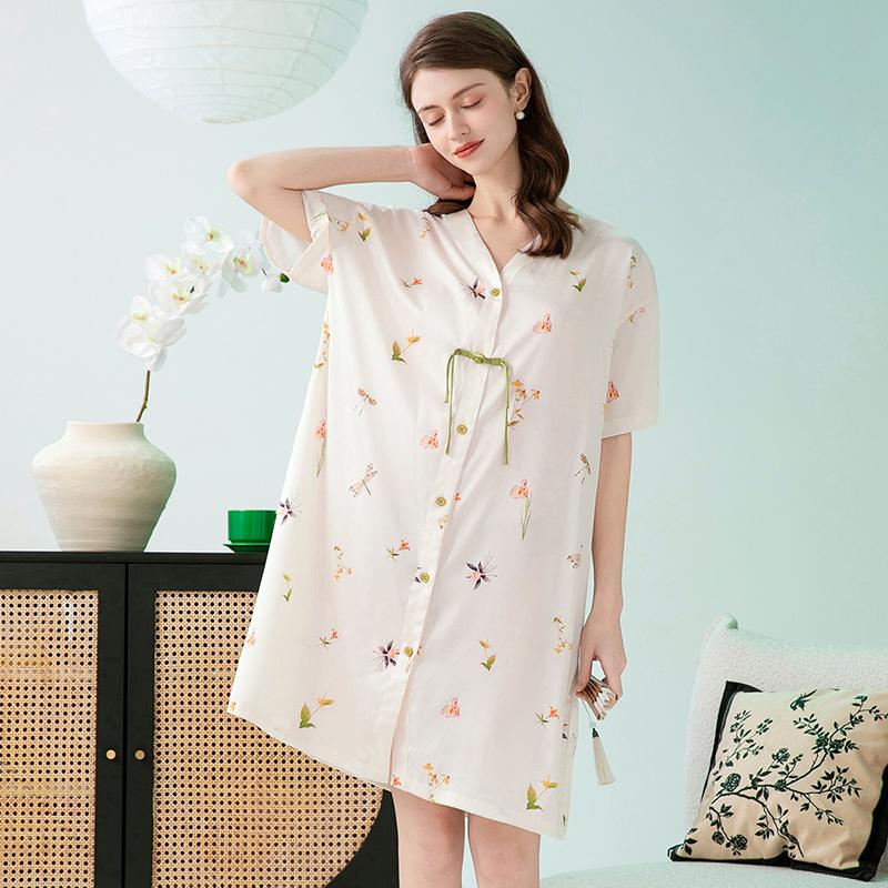 Fenteng [Satin Ice Silk] Chinese style new V-neck cardigan, new Chinese style nightgown, floral dress, breathable home wear