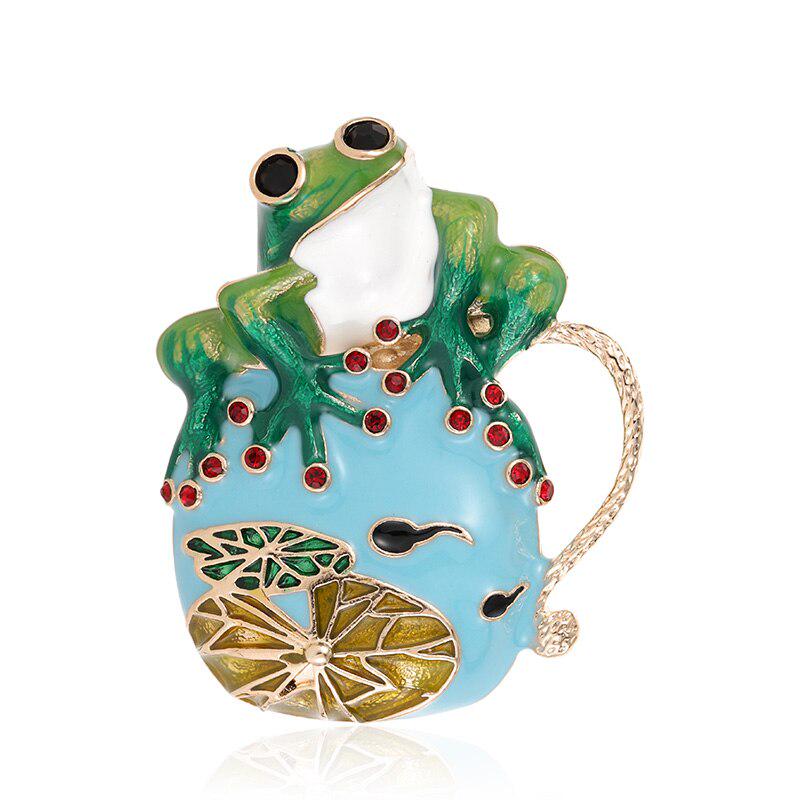 Blucome New Green Yellow Enamel Frog Brooches For Women Tadpole Lotus Leaf Czech Rhinestone Frogs Animal Casual Brooch Pins Gift