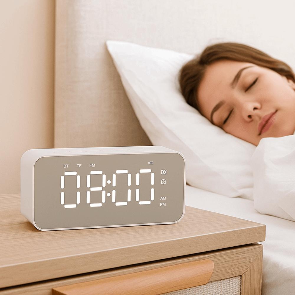 Digital Display Bluetooth Speaker Stereo Sound LED Mirror Clock Creative FM Radio Desktop
