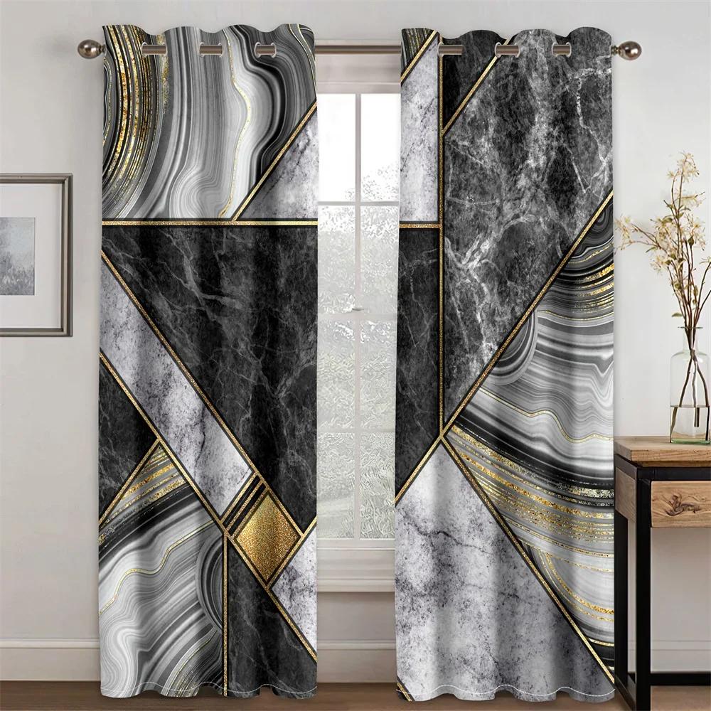 3D Modern Black Gold Abstract Art Marble Elegant Design 2 Pieces Thin Shading Window Drape Curtain for Living Room Bedroom Decor
