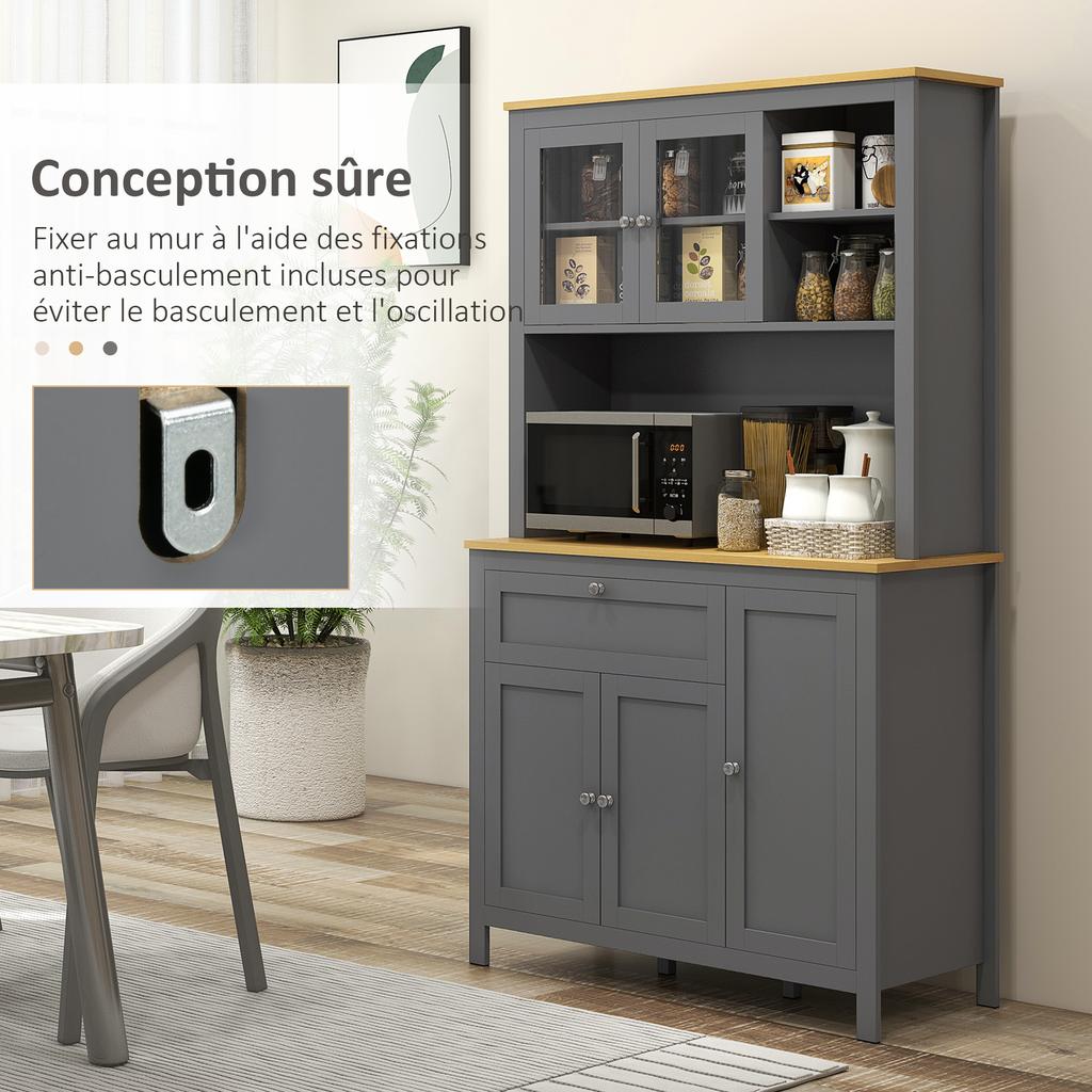 Kitchen cabinet sideboard, 5 doors, 2 glass doors, 1 drawer, 1 niche, 180 cm high, grey