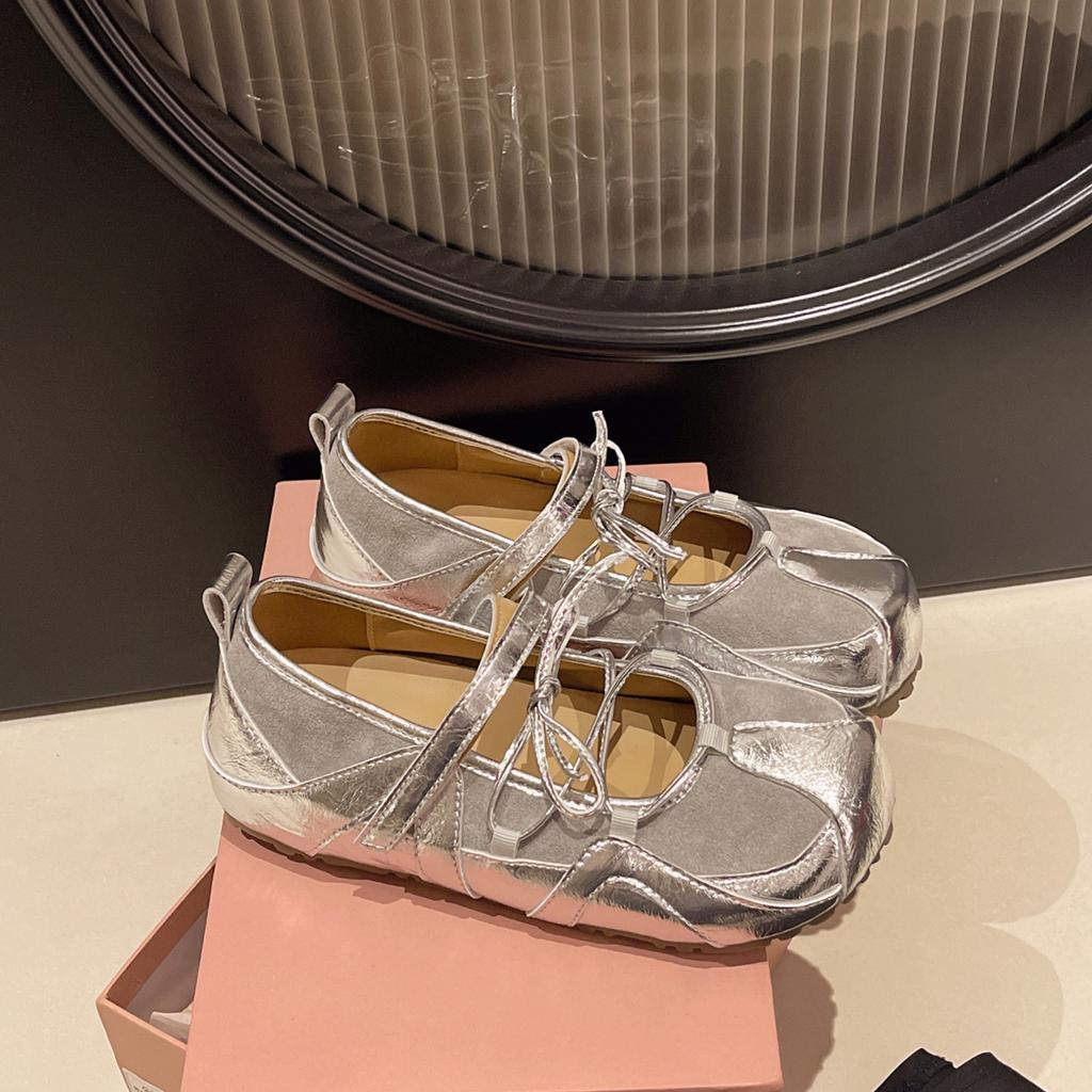 Панк балетки серебристые Мэри Джейн одинарные туфли женские 2025 лето дышащие новые сандалии повседневные с мелким вырезом немецкие тренировочные туфли