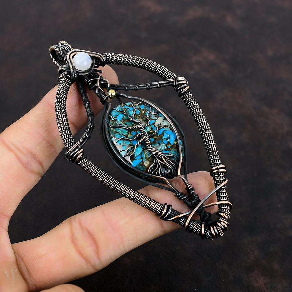Tree Of Life Copper Chrysocolla Pendant Copper Wire Wrapped Rainbow Moonstone Pendant Gemstone Copper Jewelry For Gift Handmade Boho Pendant