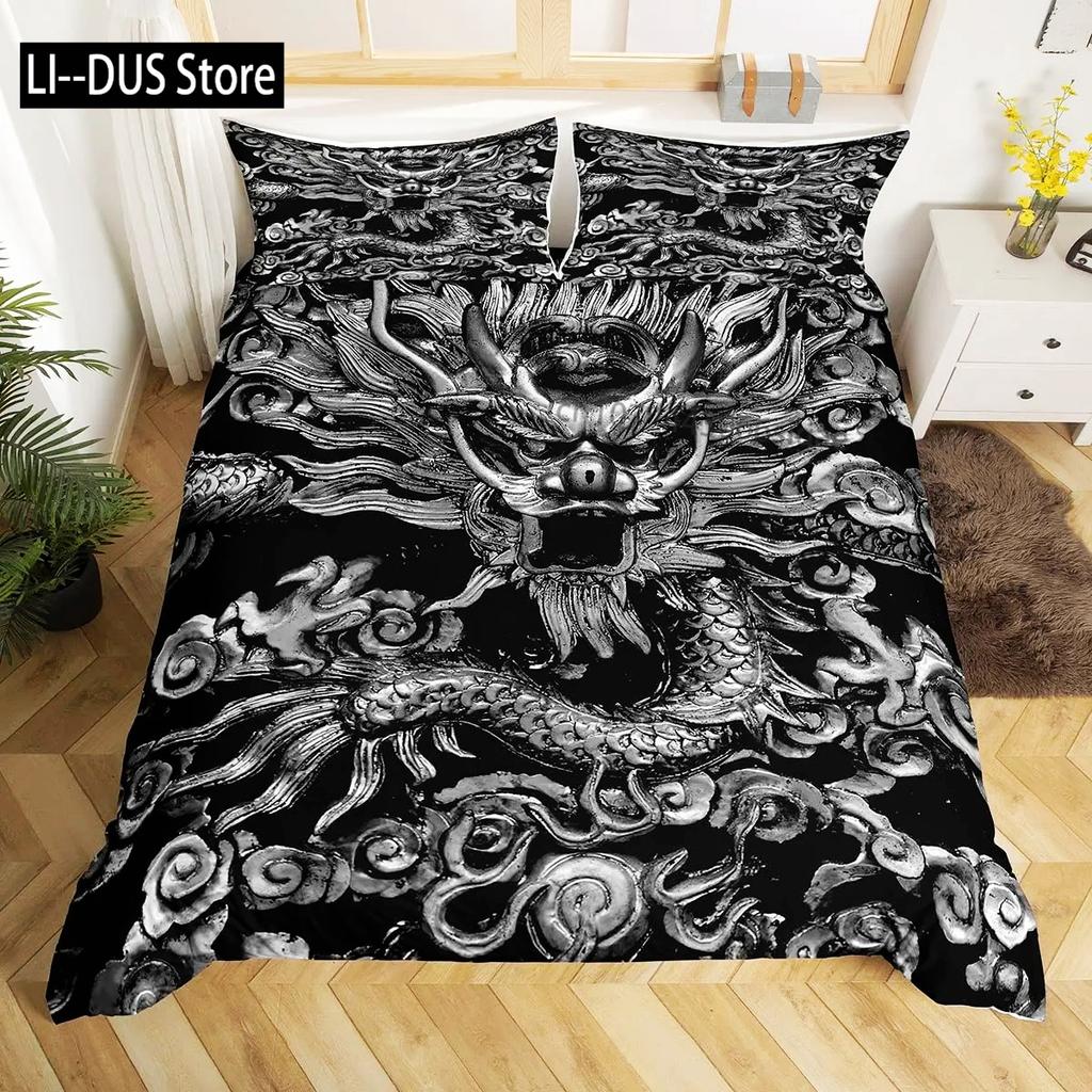 Comforter Dragon King Size Kids Mythical Animal Bedding Set Microfiber 2/3Pcs Set For Girls Women Black Gold Decor