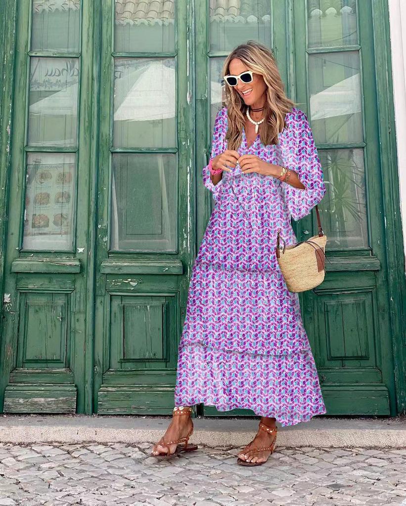 Летнее трендовое платье с геометрическим узором и рукавами-фонариками 2022 года, женская мода больших размеров.