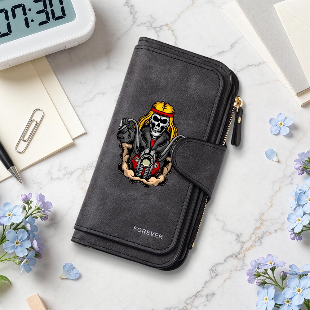 Cool Skull Biker Pattern Retro Long Wallet, Fashion Functional Card Holder Purse for Daily Use