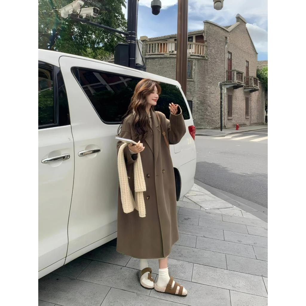 Женское осенне-зимнее шерстяное пальто верблюжьего цвета средней длины свободного кроя с высоким темпераментом и высоким качеством