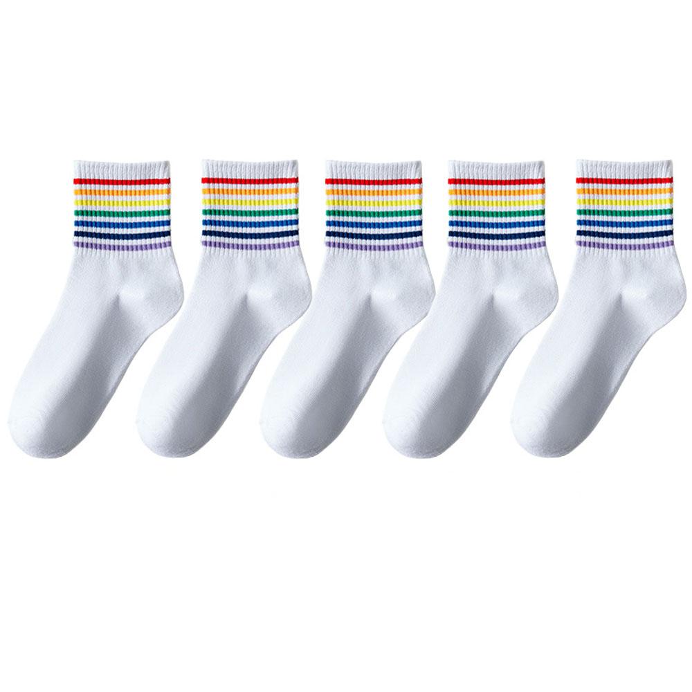 5 пар женских радужных носков, хлопковые милые полосатые белые носки, японские забавные носки в стиле Харадзюку, каваи