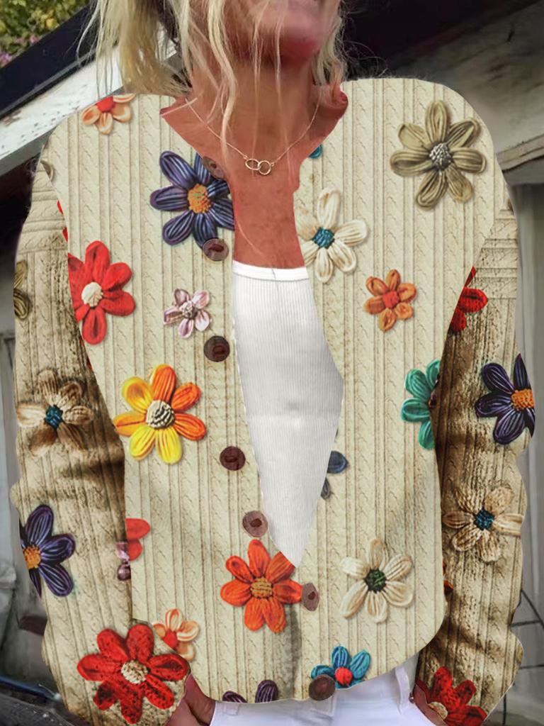 Women's Loose Fit 3D Print Round Neck Long Sleeve Cardigan Sweater