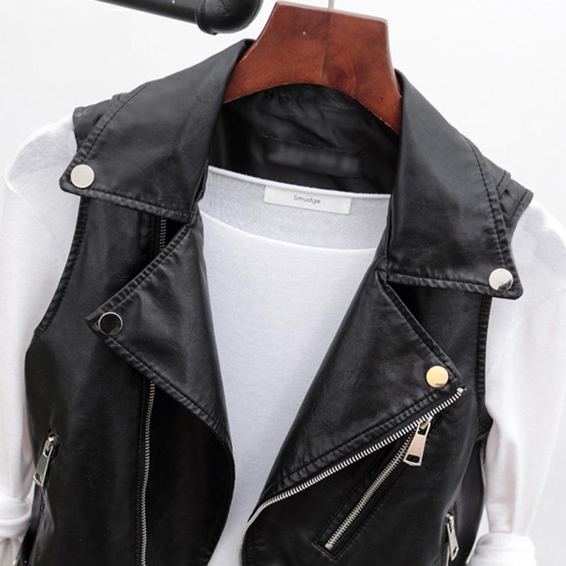 PU Leather Waistcoat Women Motorcycle Zippers Vest Coat Sleeveless Pockets Vests Large Size Tops