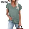 Летняя женская футболка, однотонная свободная футболка с короткими рукавами и v-образным вырезом, топы