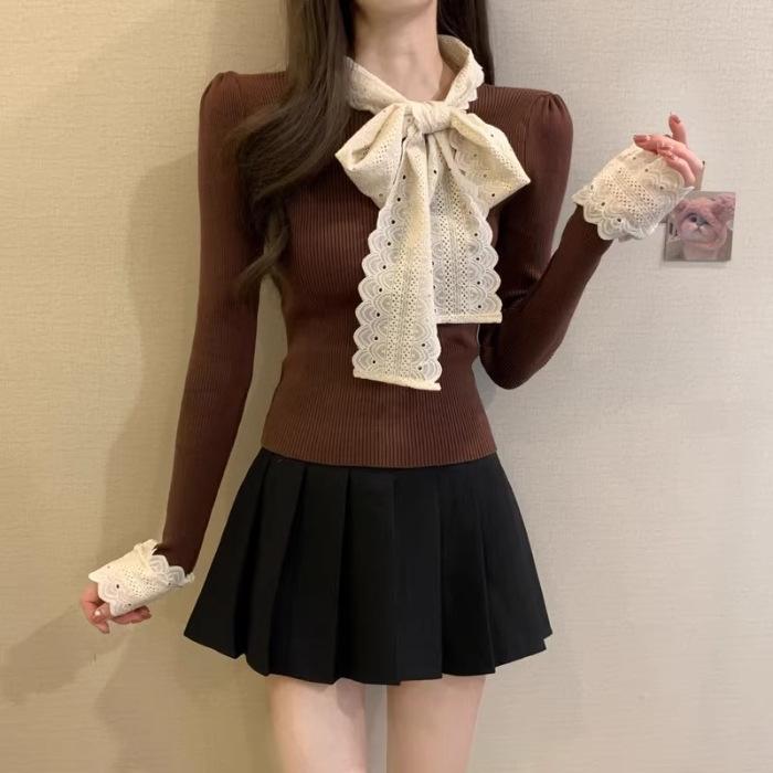 Bow knitted sweater women's autumn and winter new slim-fit inner design bottoming shirt atmosphere wear top