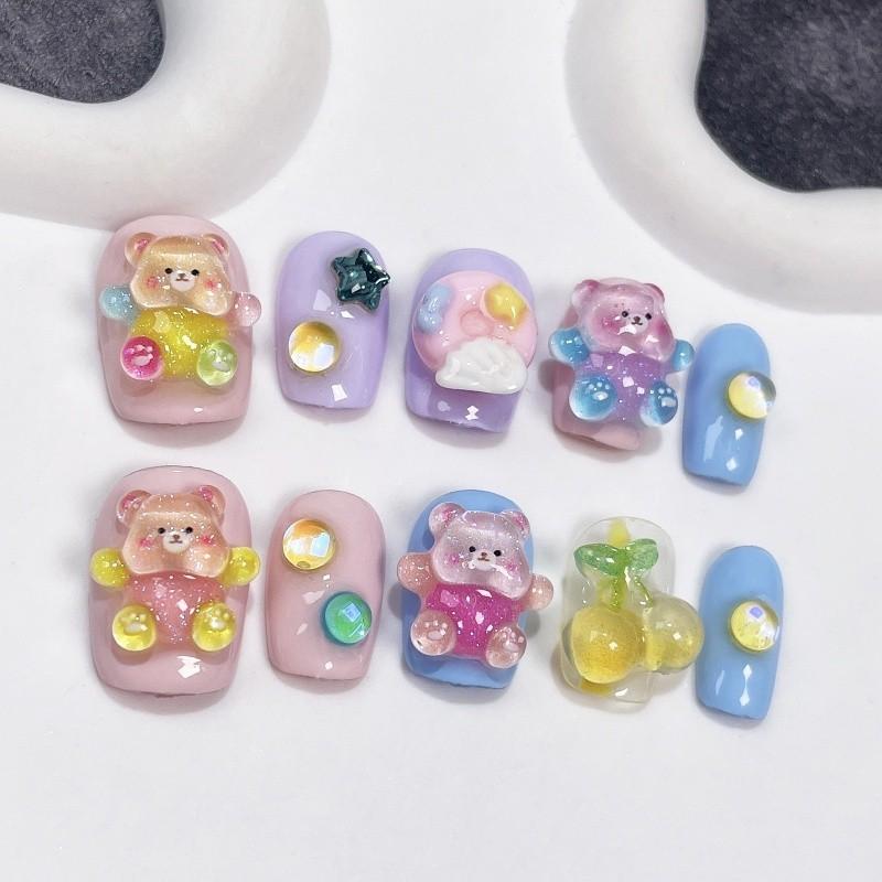 Милые Ручные Наклейки для Ногтей с Плюшевым Мишкой Короткий Стиль Мультяшный Конфетный Дизайн