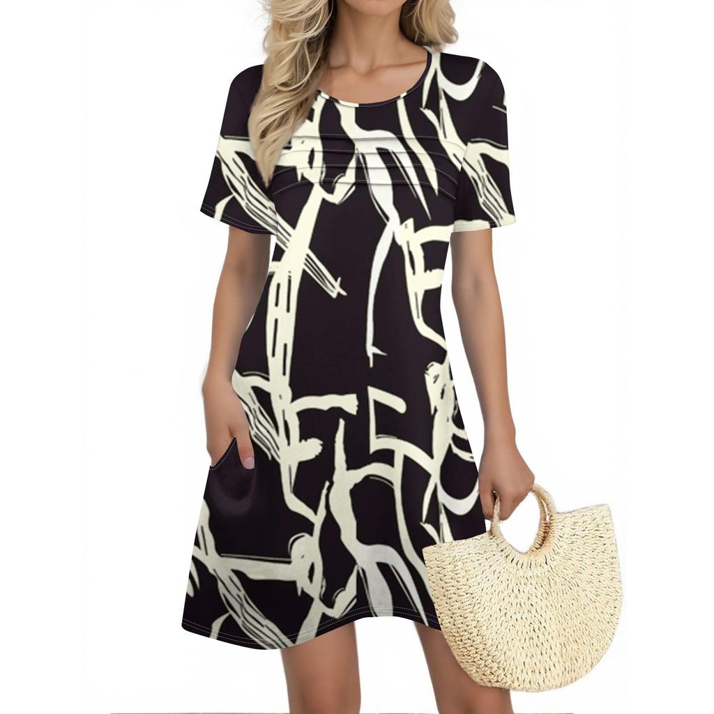 Женские летние платья Женские летние платья с цветочным принтом Повседневные платья с коротким рукавом и круглыми карманами