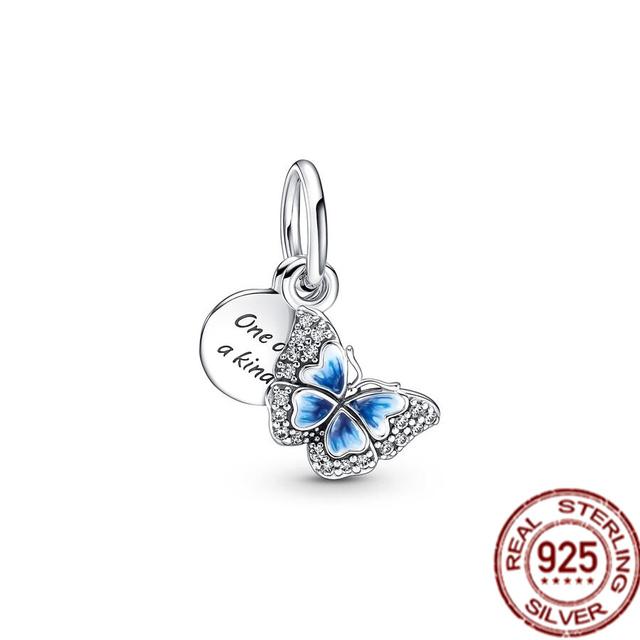 Синий Стерлингового Серебра 925 Бусина Сверкающая Сова Попугай Бабочка Единорог Мотаться Браслет DIY Ювелирные Изделия Подарок