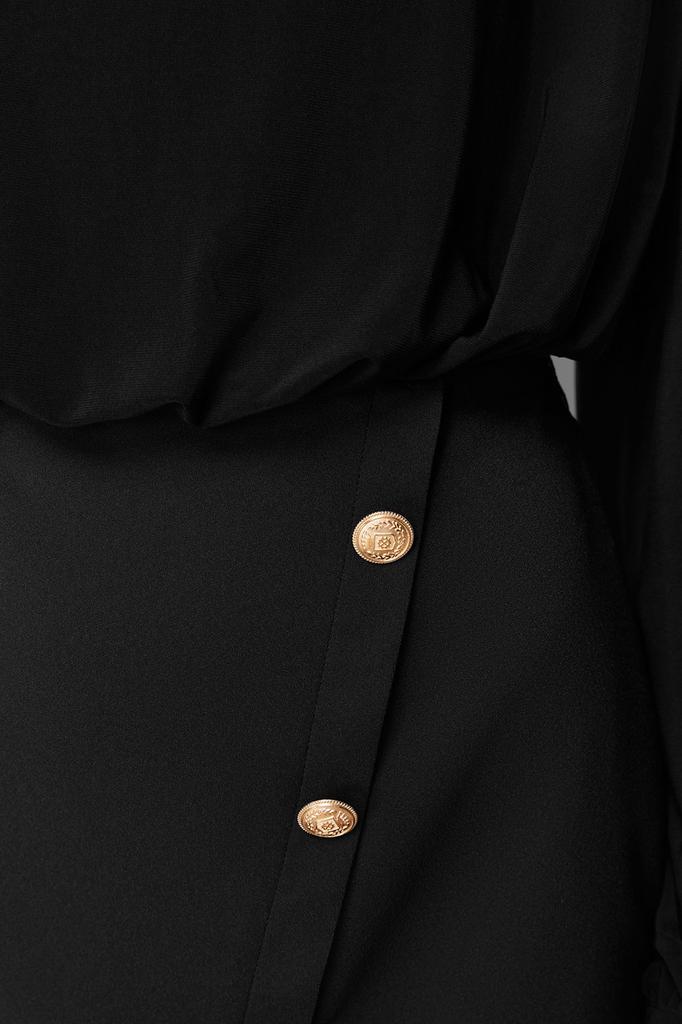 Women's Style Dress Black Fitted Padded Mini Woven Dress with Button Detail